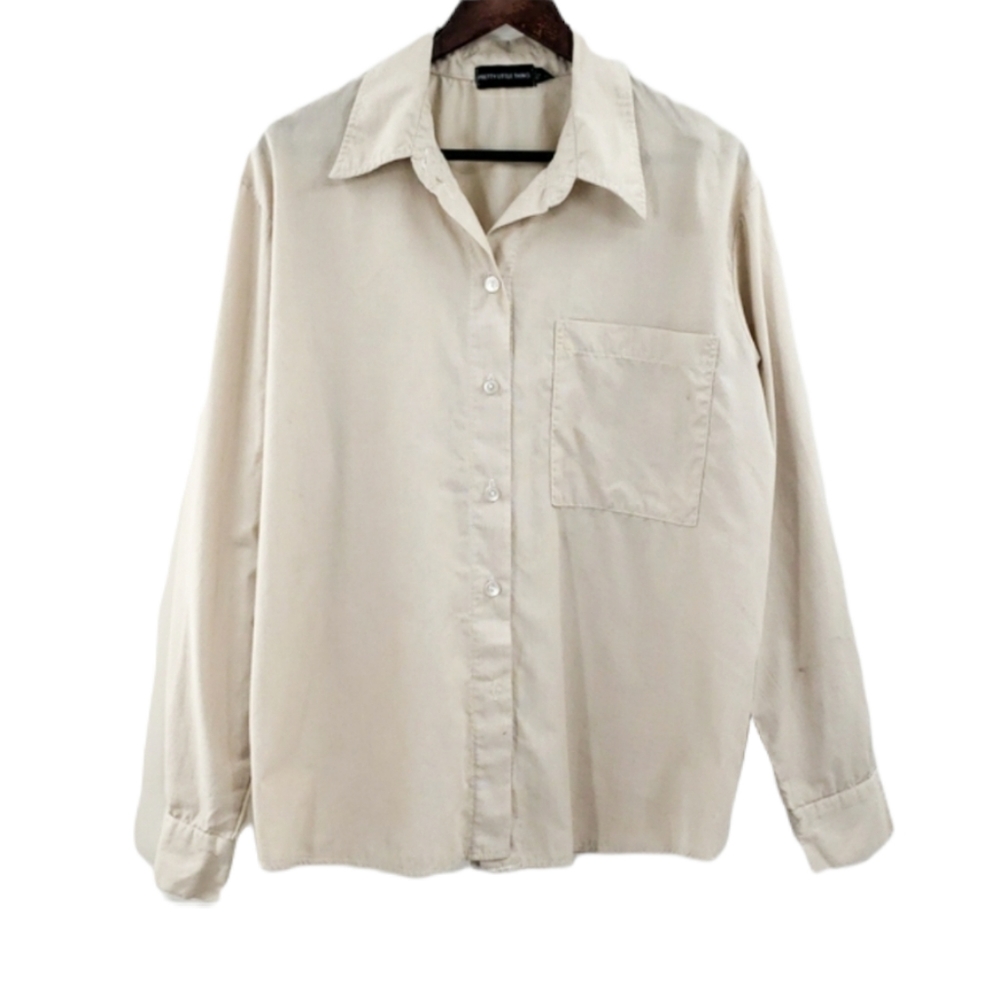PrettyLittleThing Oversized Pinstriped Oatmeal Boyfriend Button Down Shirt